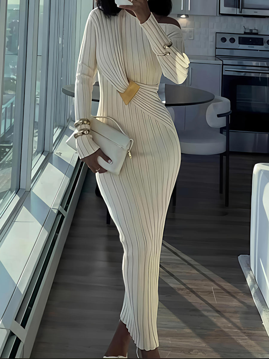 Asymmetric Neck Acrylic Accent Knitted Maxi Dress