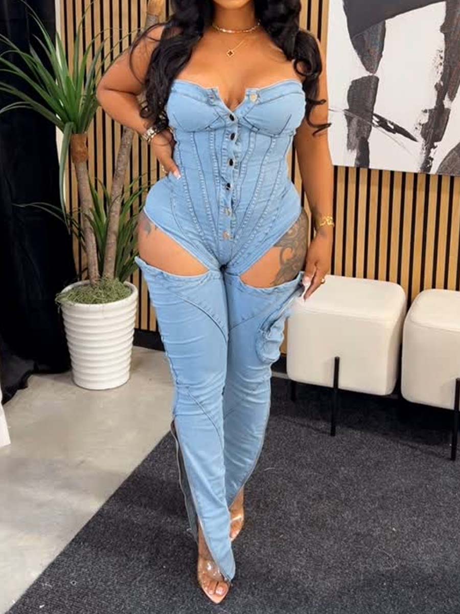Denim Cutout Strapless Sexy Jumpsuit