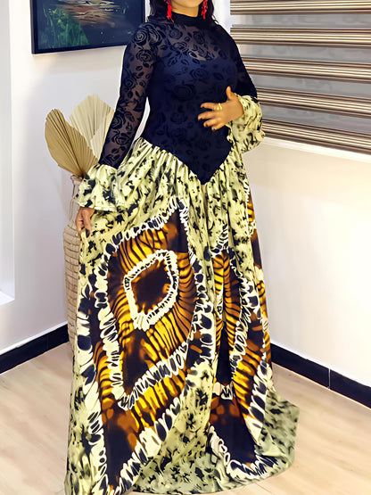 Lace Patchwork Flare Sleeve Printed Maxi Dress
