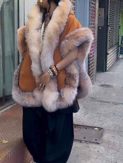 Suede Patchwork Short-Sleeved Mink Fur Coat