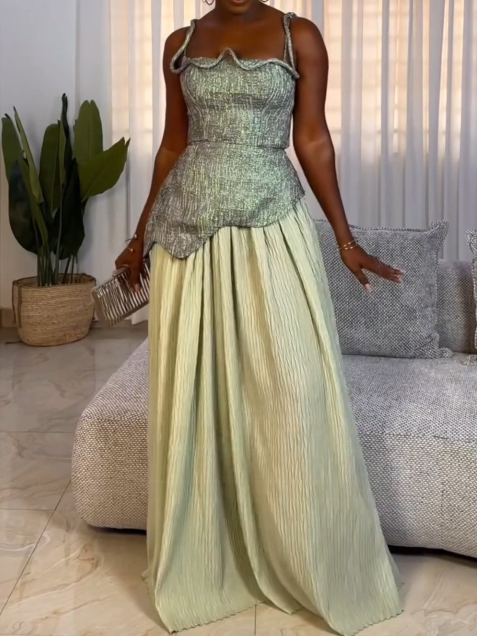 Stylish Asymmetric Spiral Top & Accordion Skirt 2pc Set