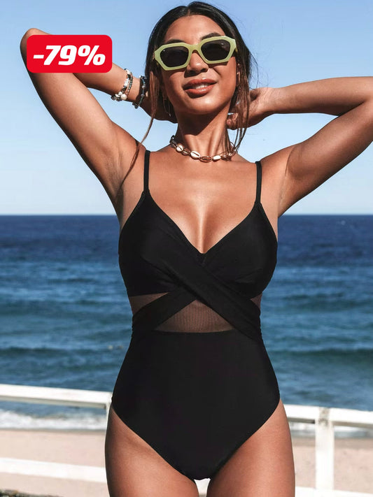 Forest Adventure Solid Mesh Wrap Front Cutout Black One Piece Swimsuit
