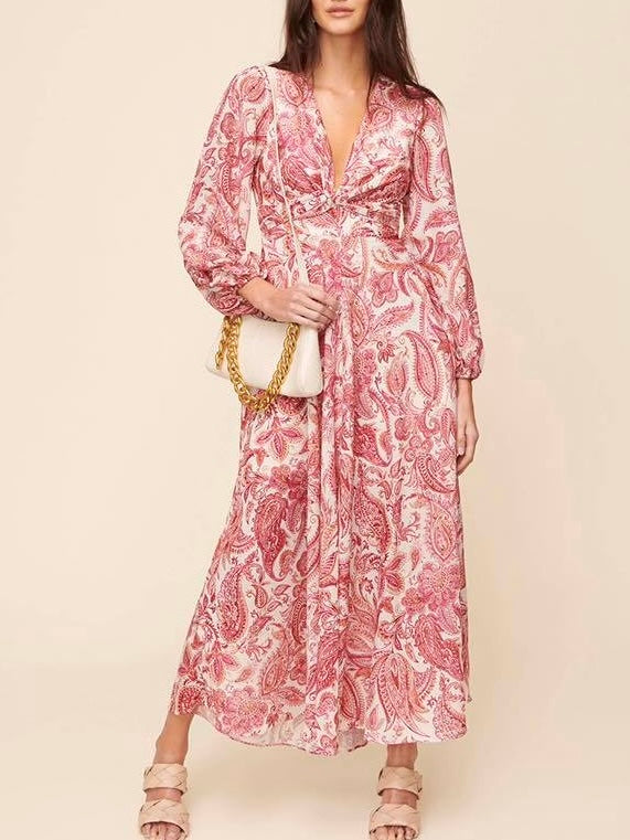 Pink Paisley Twist Front Maxi Dress W/ Pockets