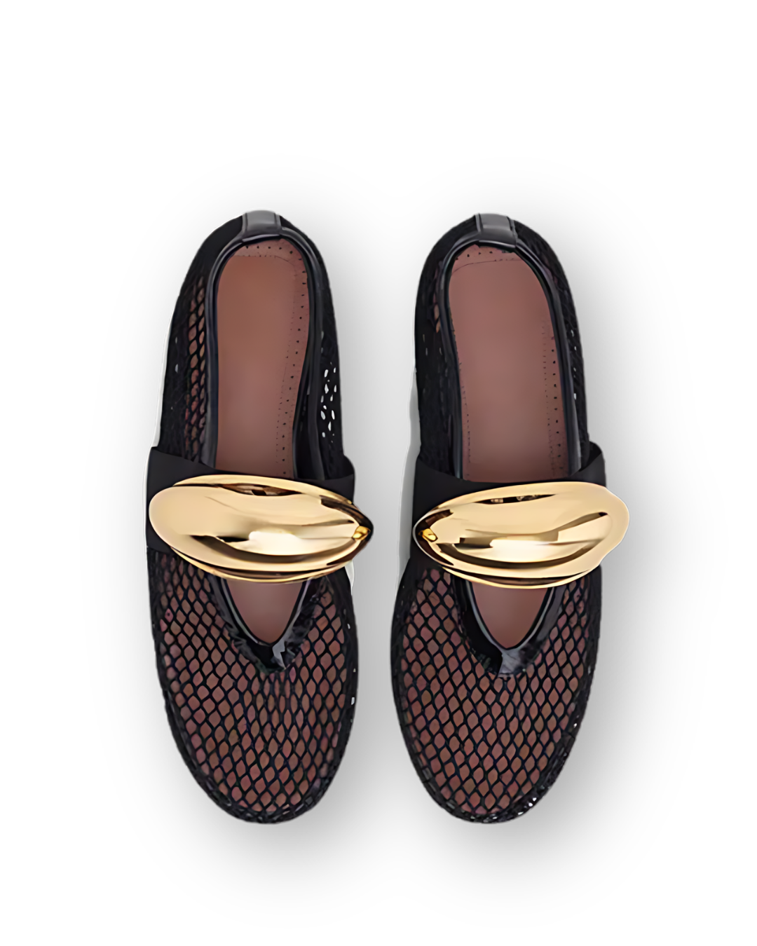 Black Mesh Ballet Flats With Brass Gold Jewel Hardware