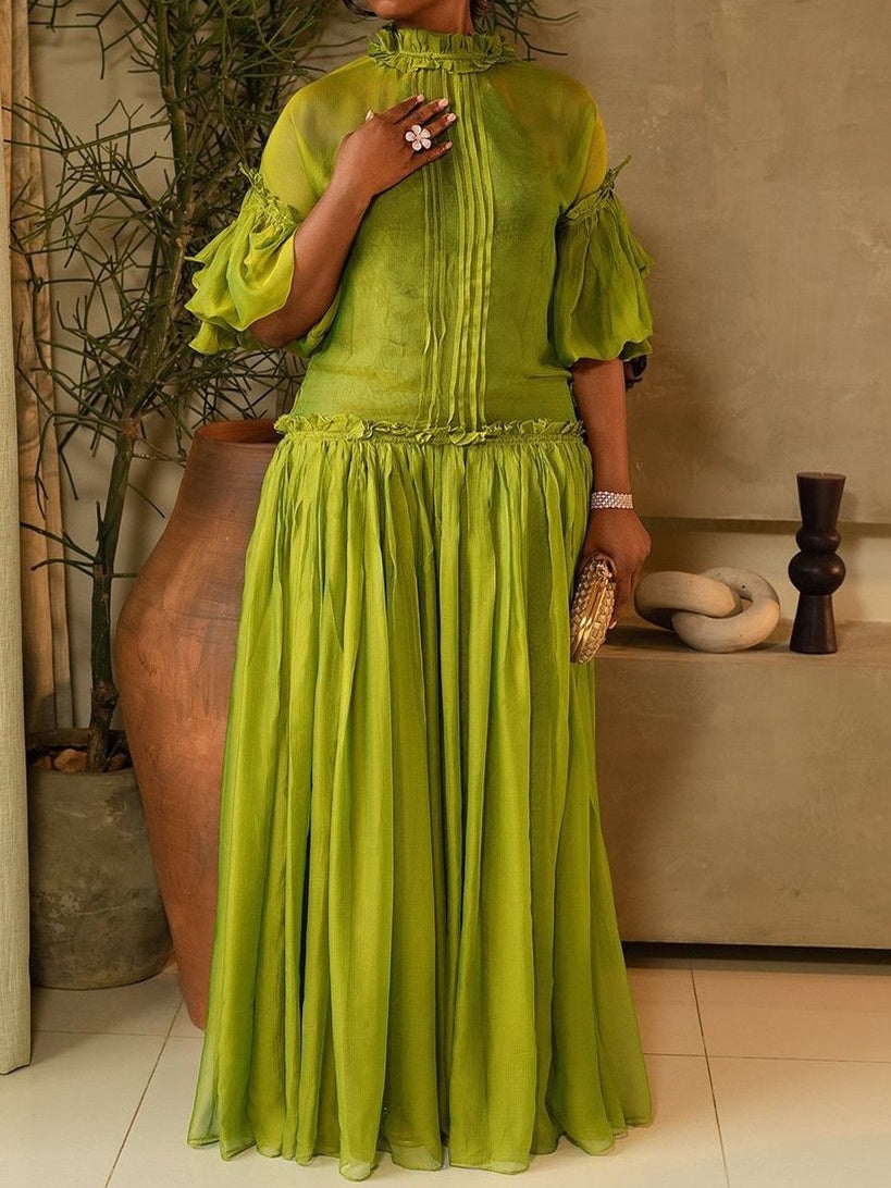 Green Tulle Long Sleeve Maxi Dress