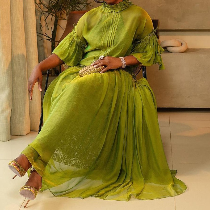 Green Tulle Long Sleeve Maxi Dress