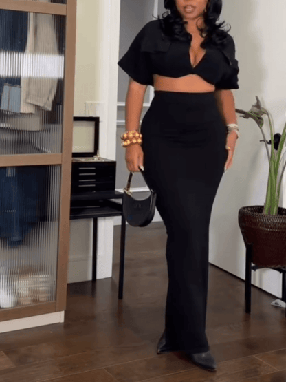 Sexy V Neck Top & Long Skirt 2pc Set