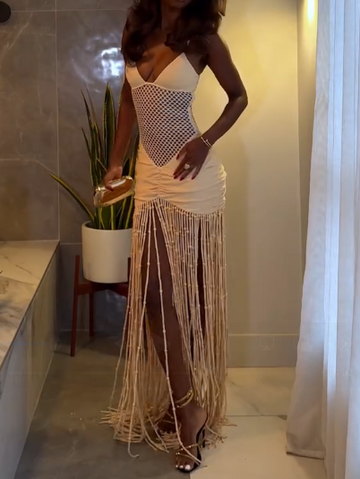 Mesh Pleated Hip-Wrap Tassel Maxi Dress