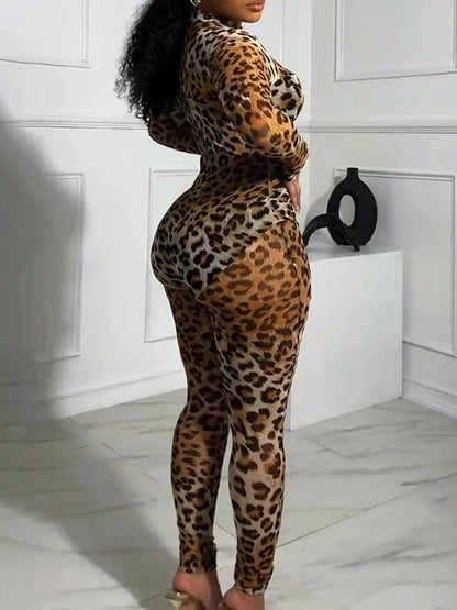 Leopard Print Semi-Sheer Long Sleeve Bodycon Party Jumpsuit