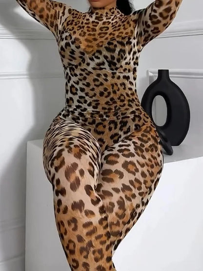 Leopard Print Semi-Sheer Long Sleeve Bodycon Party Jumpsuit