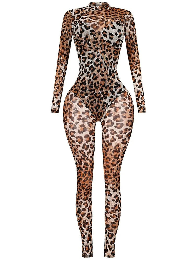 Leopard Print Semi-Sheer Long Sleeve Bodycon Party Jumpsuit