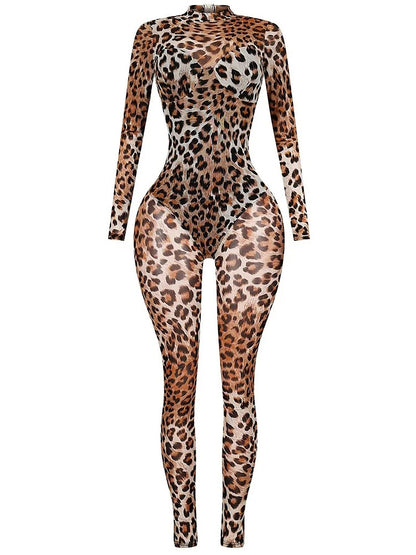 Leopard Print Semi-Sheer Long Sleeve Bodycon Party Jumpsuit