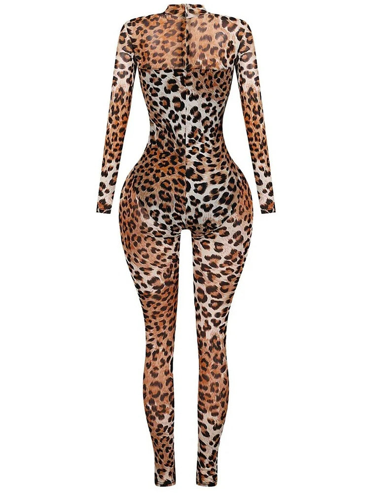 Leopard Print Semi-Sheer Long Sleeve Bodycon Party Jumpsuit