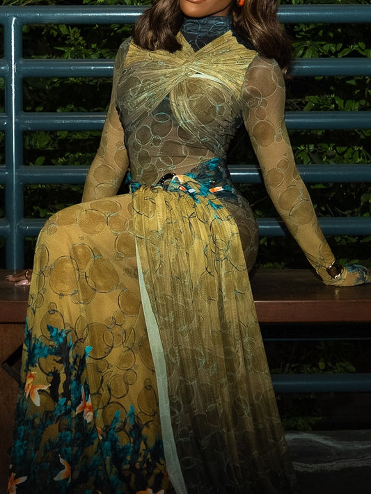 Olive Bubble Seaweed Mix Knotted Mesh Dress