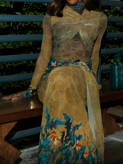 Olive Bubble Seaweed Mix Knotted Mesh Dress