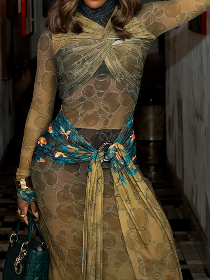 Olive Bubble Seaweed Mix Knotted Mesh Dress