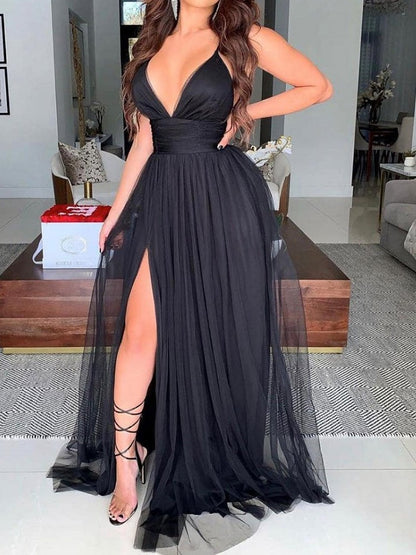 Simple Black V Neck Tulle Long Prom Dresses