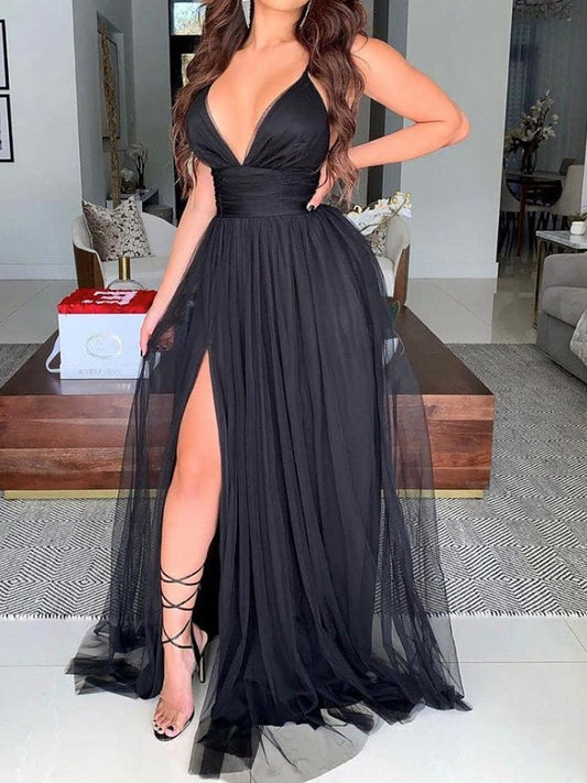 Simple Black V Neck Tulle Long Prom Dresses