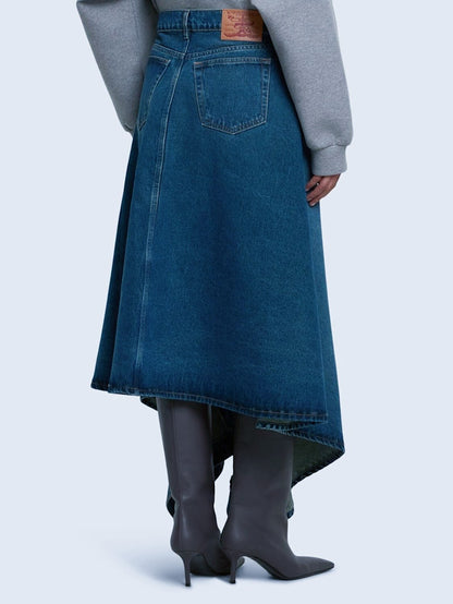 Asymmetric High Rise Denim Midi Skirt