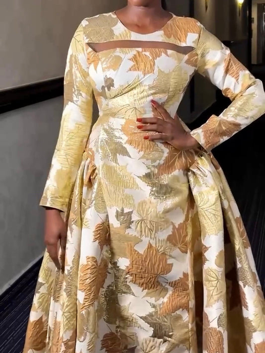 Loose Print Big Hem Long Sleeve Maxi Dress