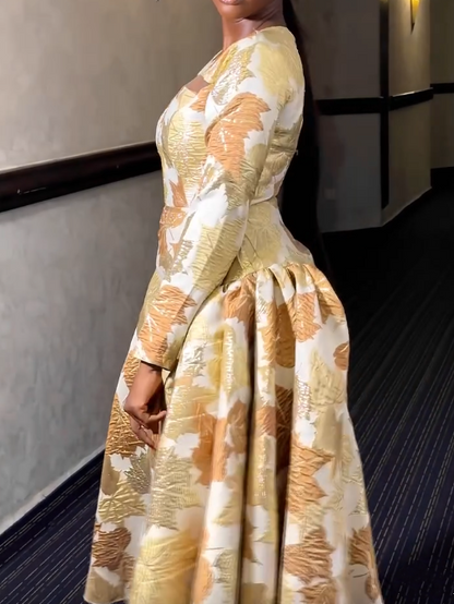Loose Print Big Hem Long Sleeve Maxi Dress