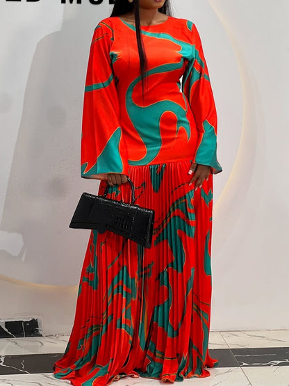 Sunray Long Sleeve Pleated Georgette Dress