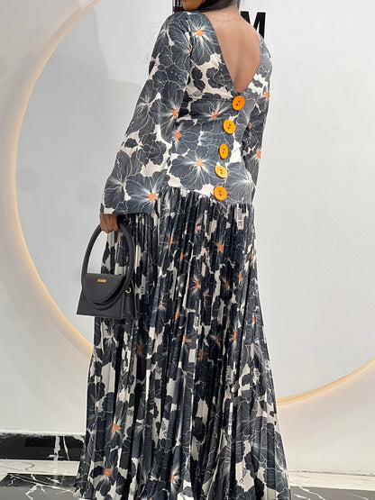Sunray Long Sleeve Pleated Georgette Dress