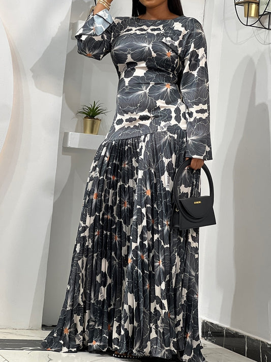 Sunray Long Sleeve Pleated Georgette Dress