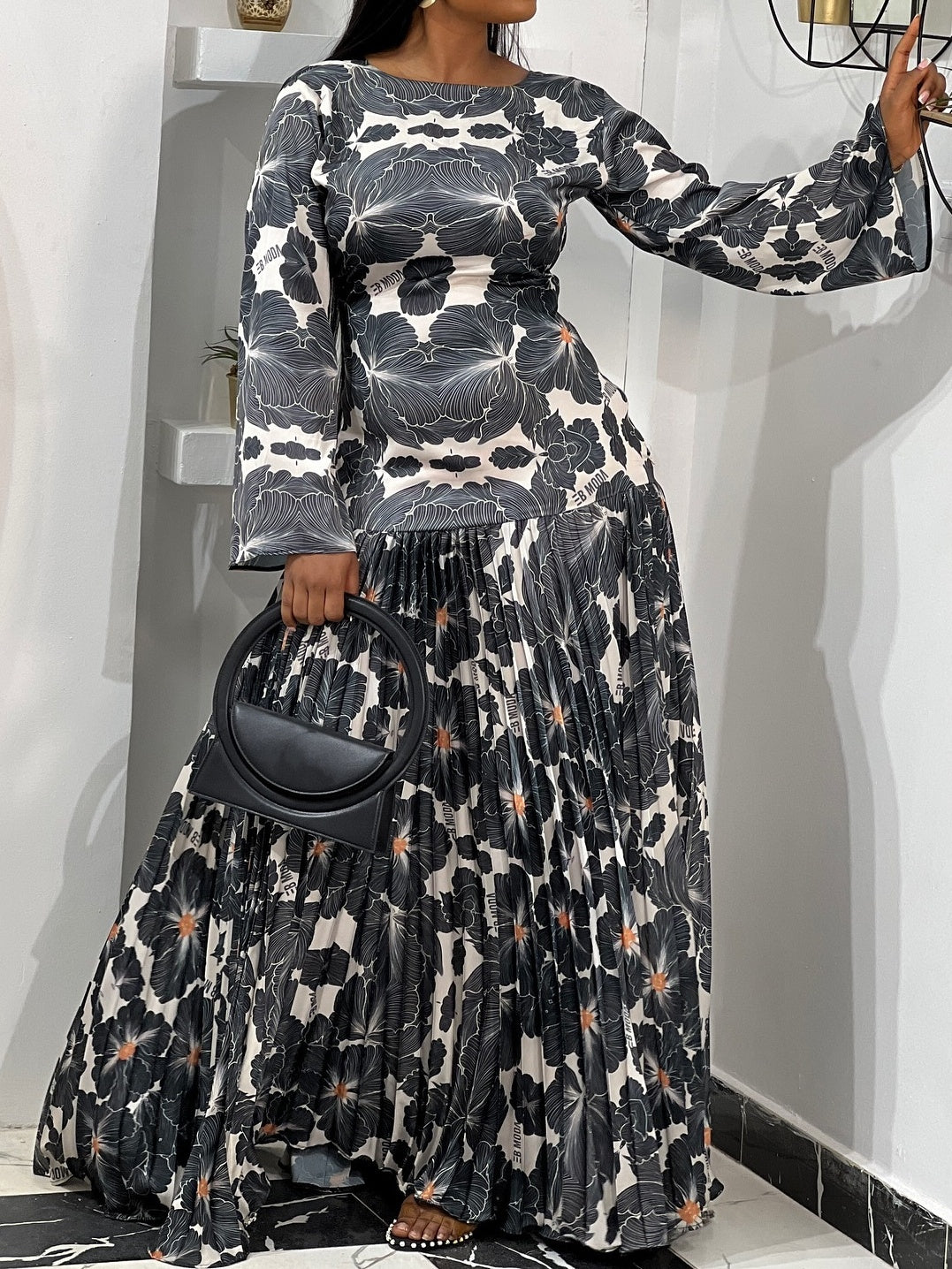 Sunray Long Sleeve Pleated Georgette Dress