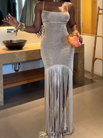 Irregular Shiny Tassel Sleeveless Maxi Dress