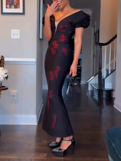 Deep-V Flowers Diamond Backless Bandage Maxi Dress