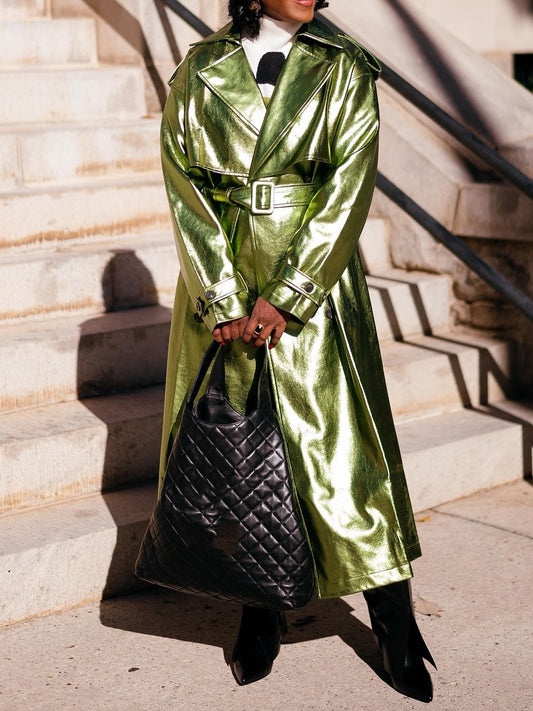 Metallic Belted Double Breasted Faux Leather Coat