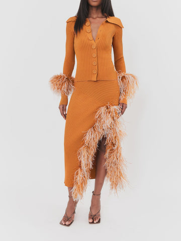Knitted Feather Top & Slit Midi Skirt  2pc Set