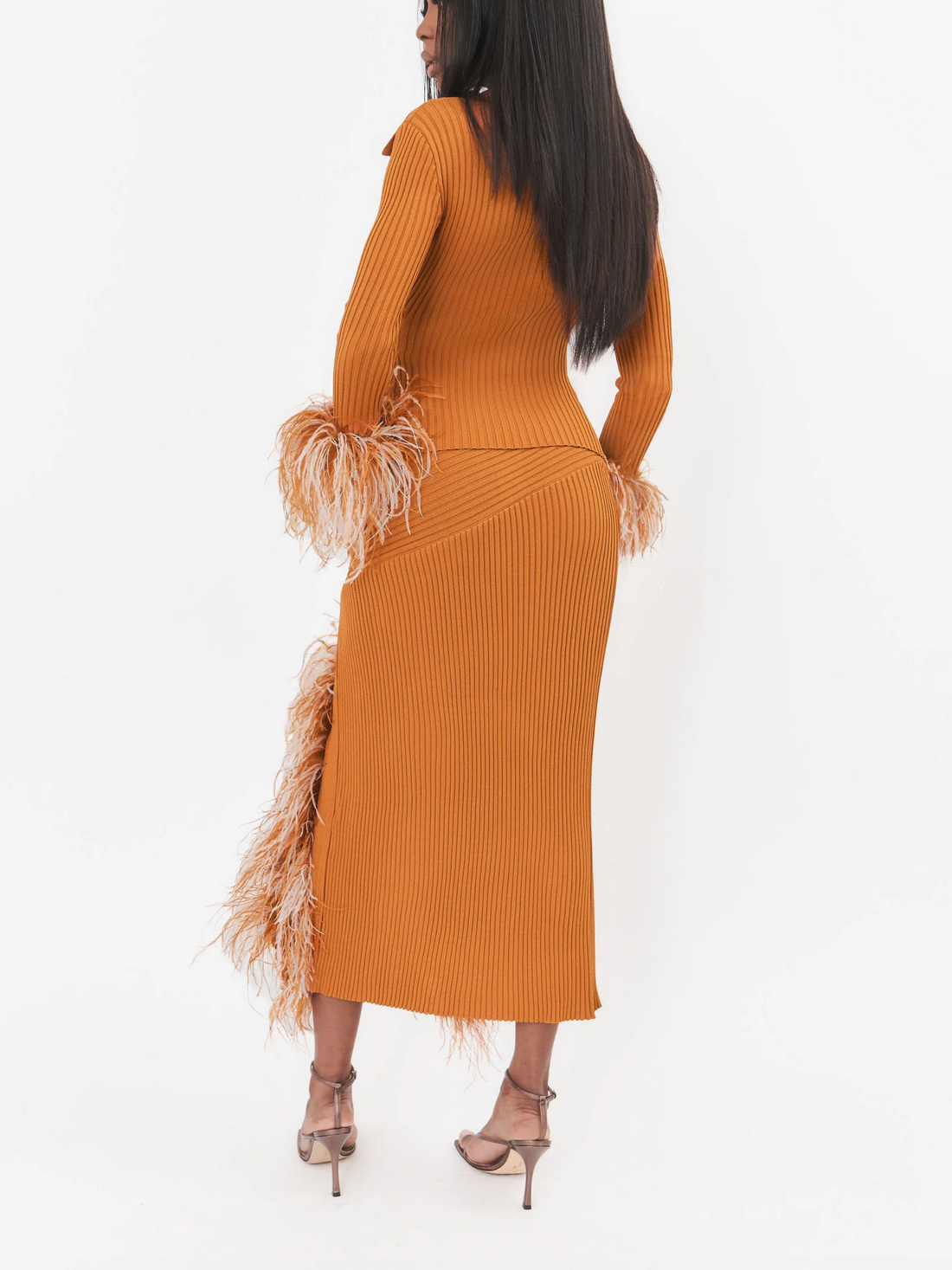 Knitted Feather Top & Slit Midi Skirt  2pc Set