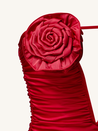 Red Floral Applique And Ruched Tube Mini Dress