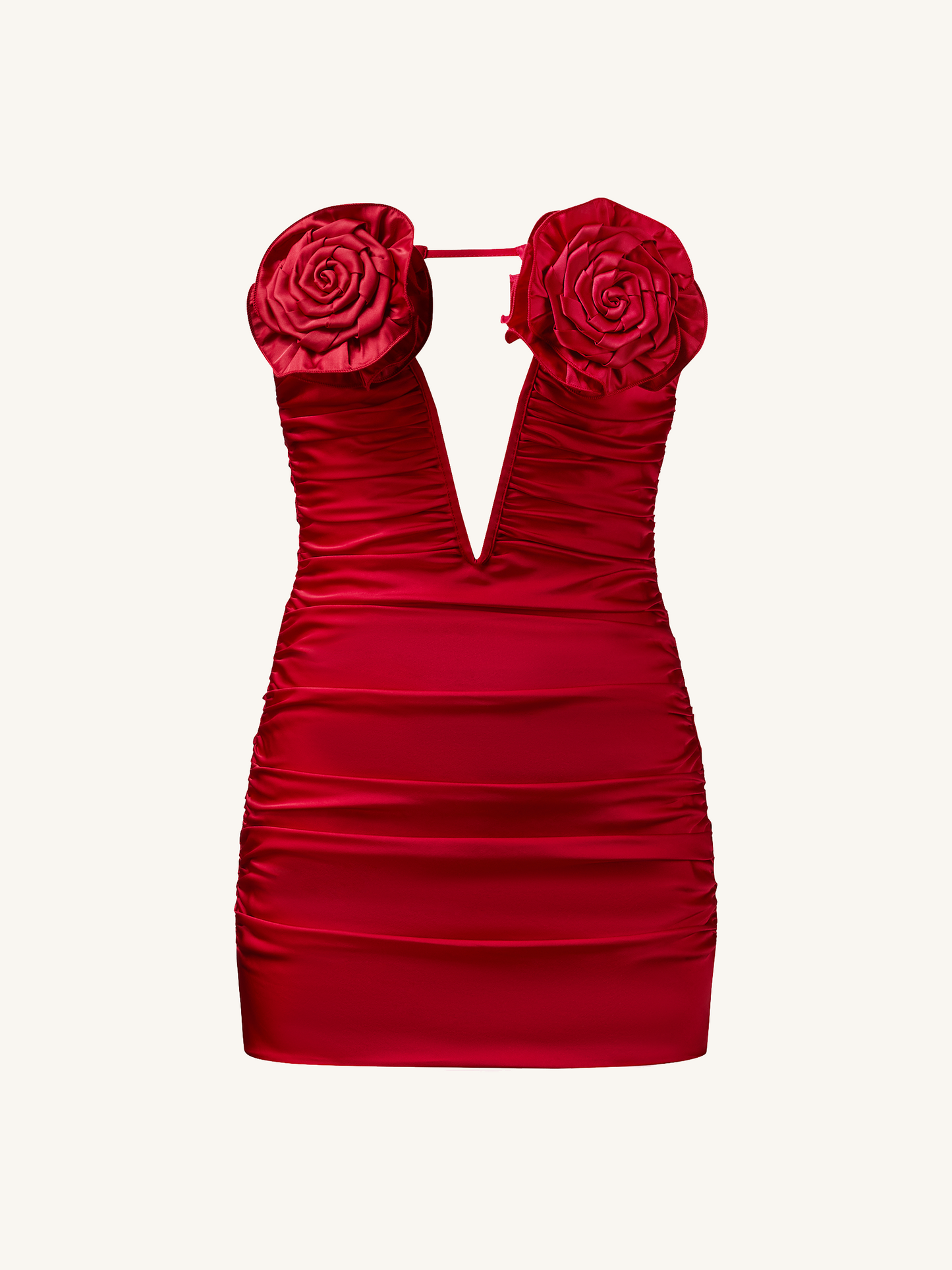 Red Floral Applique And Ruched Tube Mini Dress