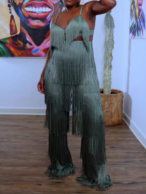 Strappy Cut Out Fringed Two Pieces Set