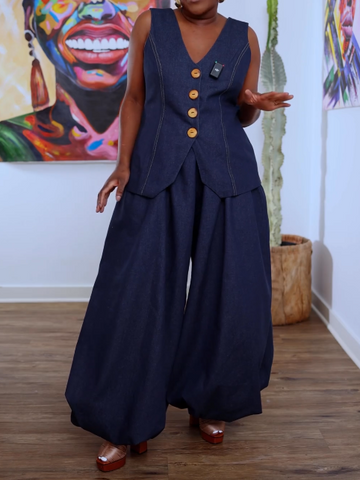 Casual Blue Pocket Pull-On Waist Denim Two Piece Pant Sets