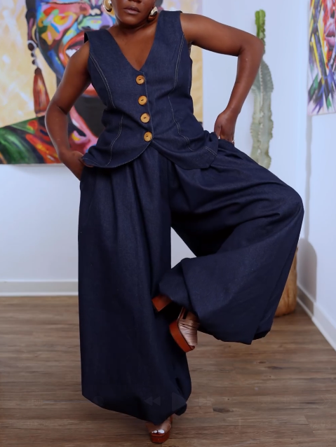 Casual Blue Pocket Pull-On Waist Denim Two Piece Pant Sets