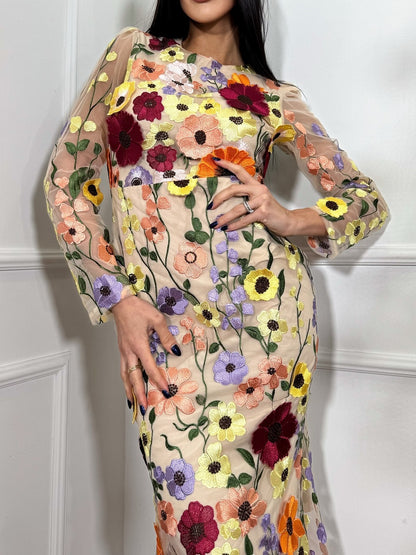 Floral Embroidered Fishtail Mid-length Dress