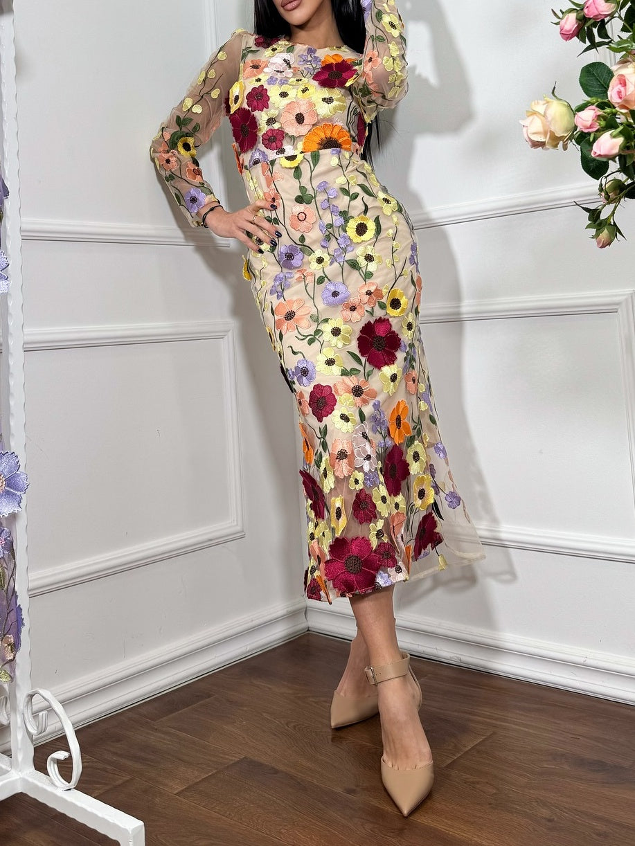 Floral Embroidered Fishtail Mid-length Dress