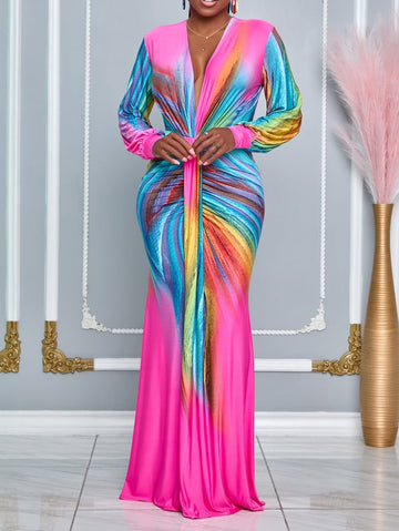 Peacock Long Sleeves Deep V-neck Maxi Dress