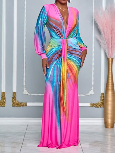 Peacock Long Sleeves Deep V-neck Maxi Dress