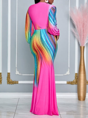 Peacock Long Sleeves Deep V-neck Maxi Dress