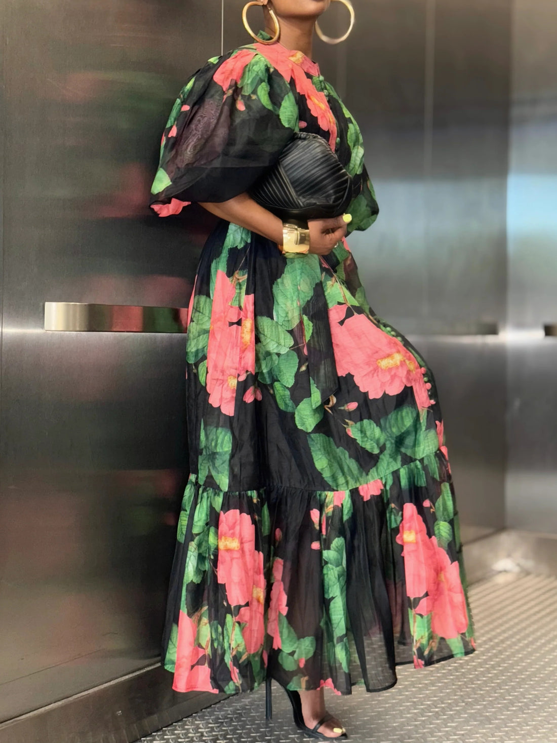 Floral-print Round Neck Maxi Dress