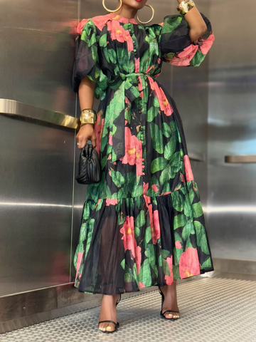 Floral-print Round Neck Maxi Dress
