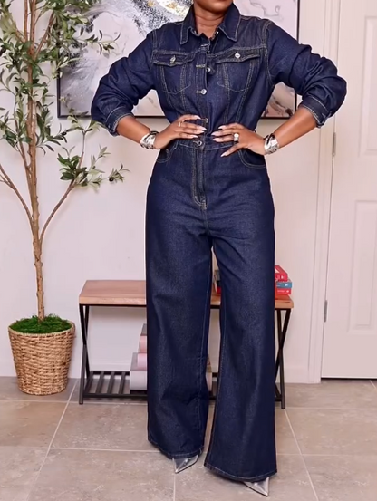 Button Down Long Sleeve Denim Straight Fit Leg Jumpsuit