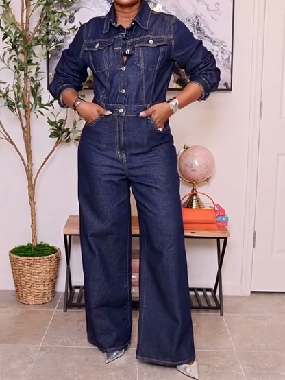 Button Down Long Sleeve Denim Straight Fit Leg Jumpsuit