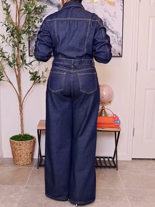 Button Down Long Sleeve Denim Straight Fit Leg Jumpsuit