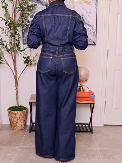 Button Down Long Sleeve Denim Straight Fit Leg Jumpsuit
